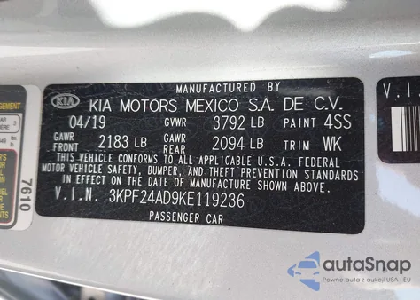 2019 Kia Forte Lxs z USA, uszkodzony, nr VIN 3KPF24AD9KE119236